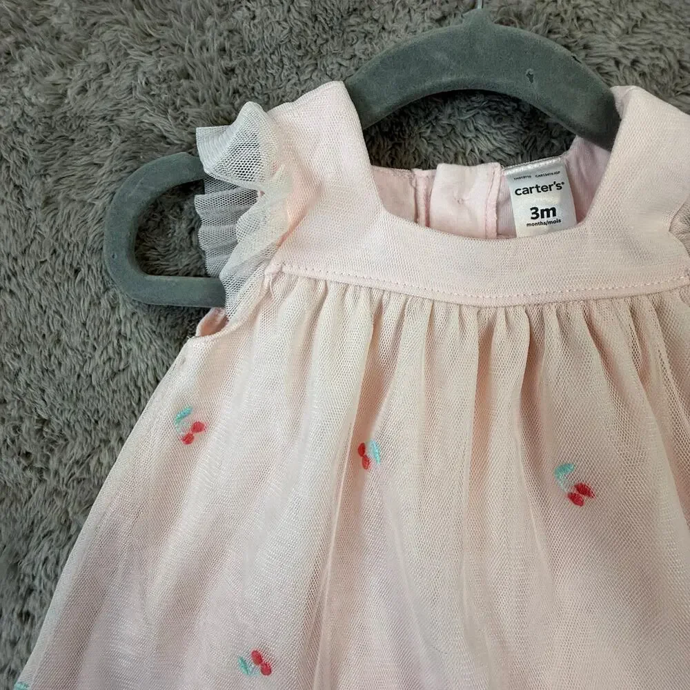 NWT Carter's Baby Girl Dress 3 Months Blush Pink Tulle Cherry Print Babydoll